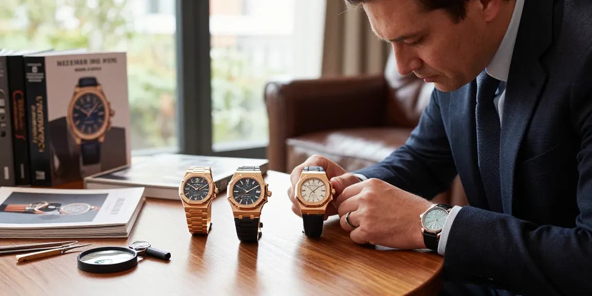 Exquisite super clone watches displayed on a polished table with a watch expert examining their details.