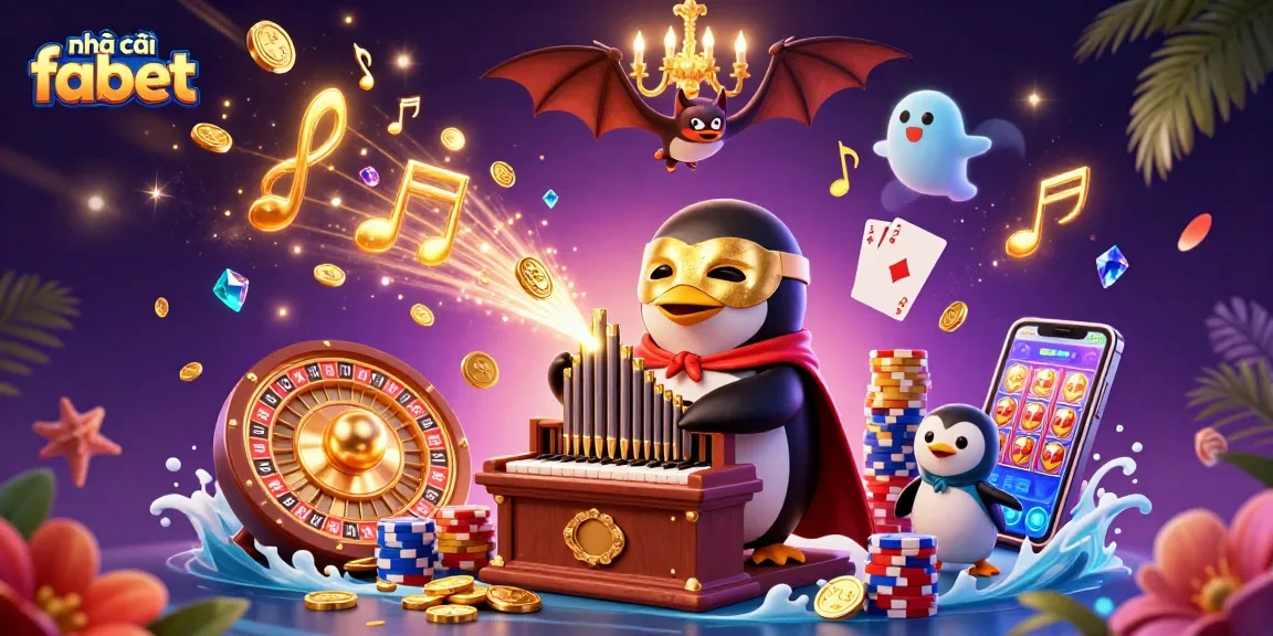 Experience the excitement of nhà cái fabet with vibrant casino elements and animated characters in a lively 3D illustration.