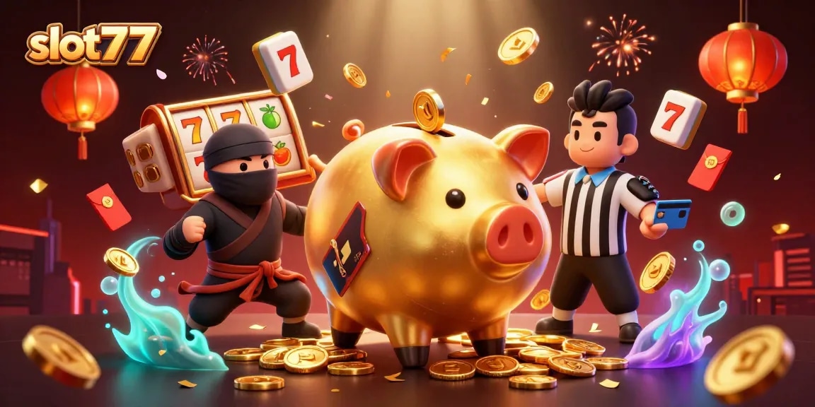 Experience slot777 excitement with a golden piggy bank sumo wrestler stomping out coins amid a vibrant casino scene.