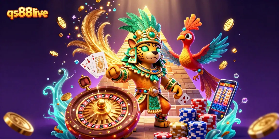 Win big at qs88live with Mayan-themed slots, surrounded by stunning golden prizes and vibrant casino elements.