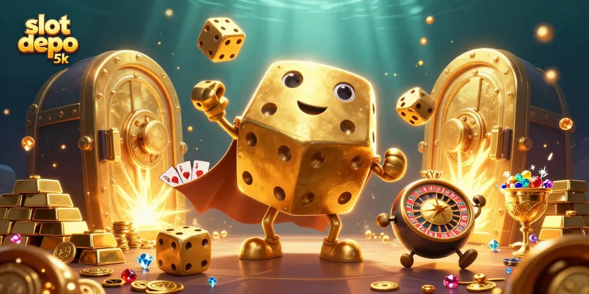 Experience the thrill with slot depo 5k presenting golden treasures, dice, and fun elements in a compelling scene.