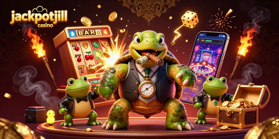Jackpotjill casino showcases a vibrant 3D scene with a snapping turtle and bullfrogs celebrating a jackpot.