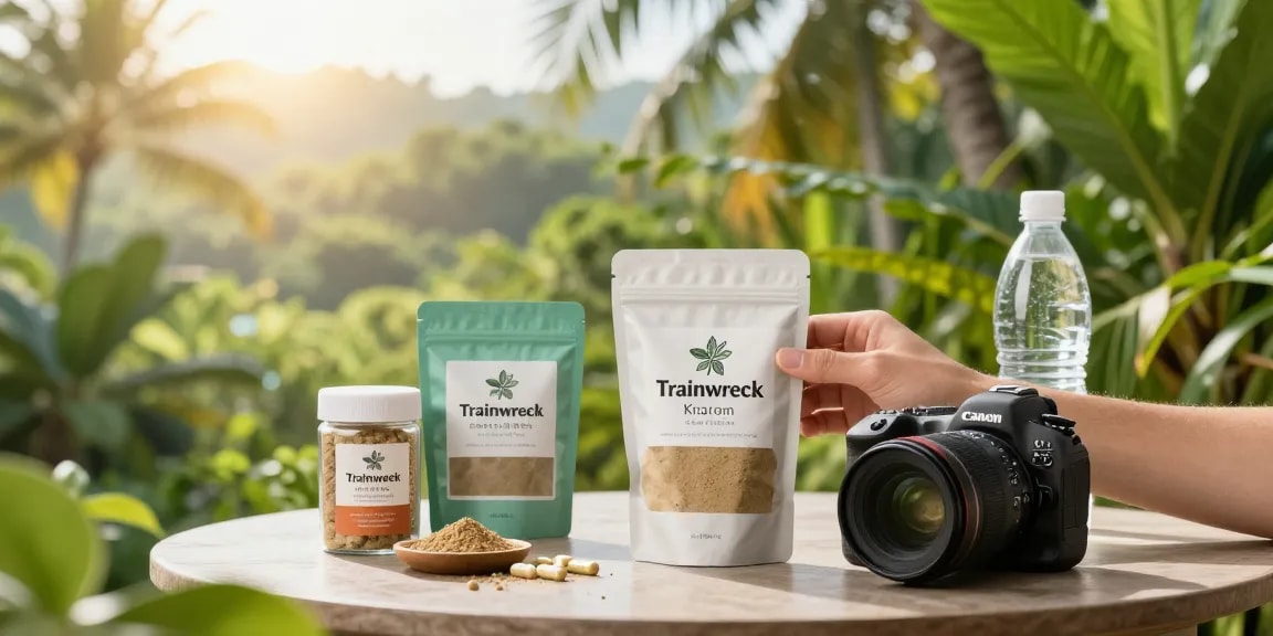 HappyGoLeafy user enjoying Trainwreck Kratom powder in a natural setting.