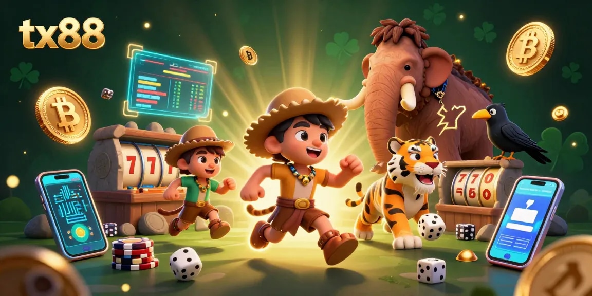 Experience tx88 gambling with caveman and sabertooth tiger in a vibrant prehistoric casino.