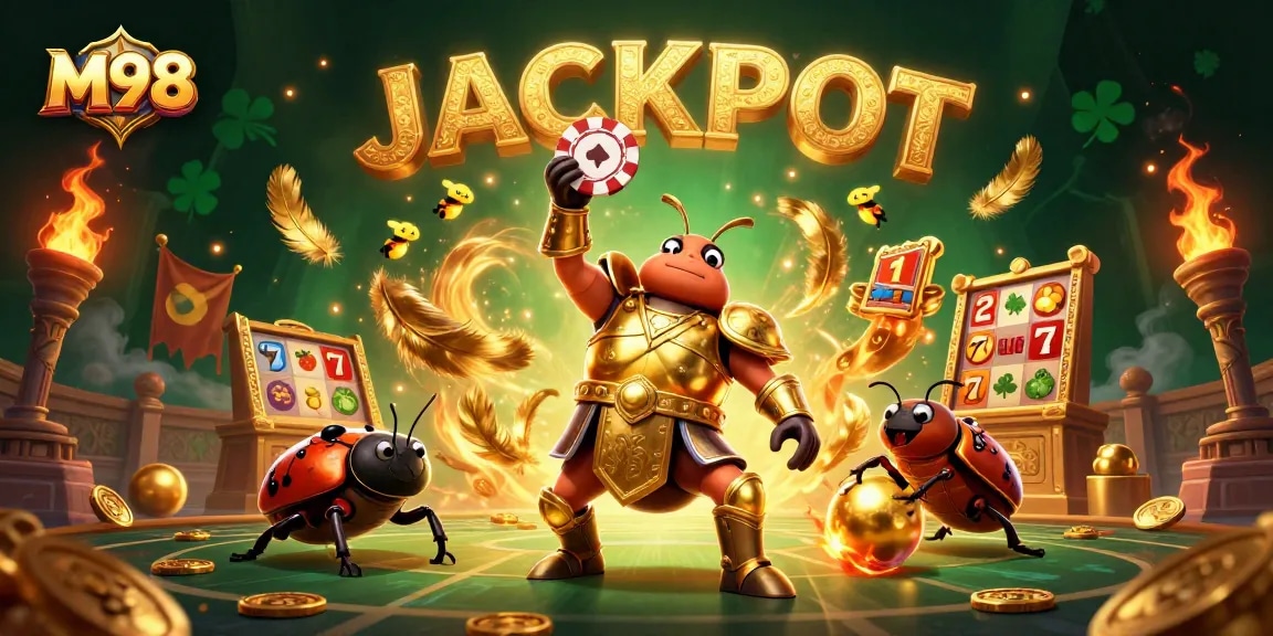 M98 delivers thrilling slot gameplay amidst a vibrant 3D casino scene featuring dynamic characters.