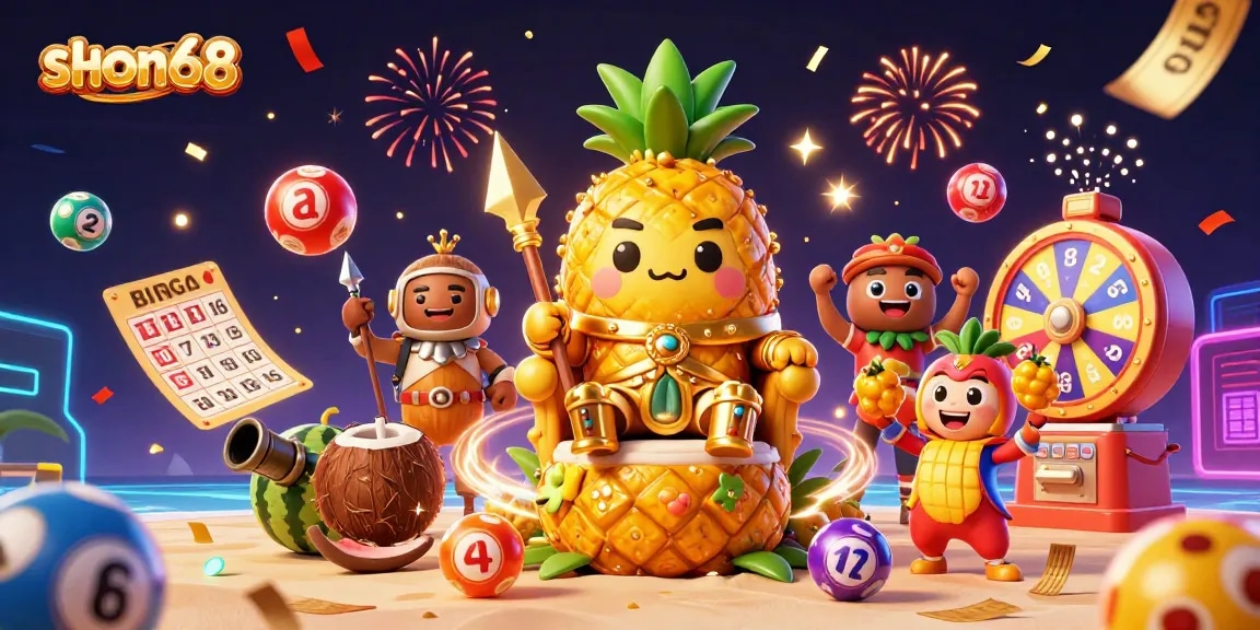 Experience the vibrant excitement of shon68 with the golden pineapple king and dynamic casino activities.