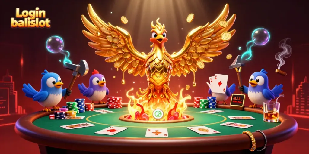 Experience the thrilling world of Login balislot with a 3D illustration featuring a molten phoenix amidst poker elements.