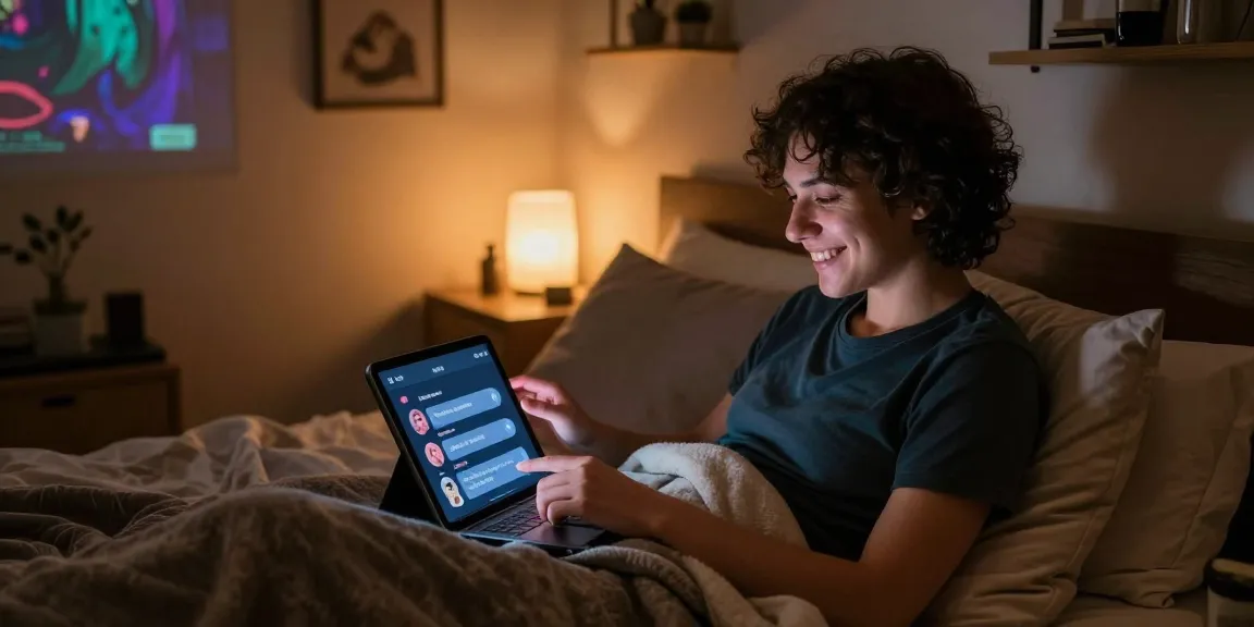 User engaging with a customizable NSFW AI chat interface in a cozy bedroom, illustrating intimate interaction.