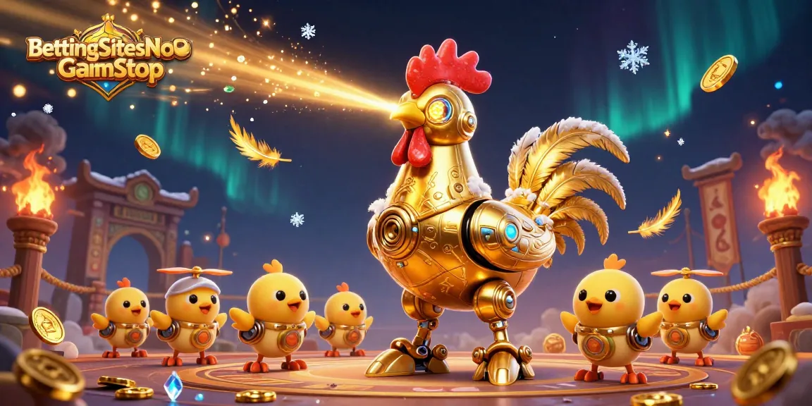 Engage with BettingSitesNotOnGamStop at a vibrant online sportsbook scene featuring golden rooster robot and baby chick drones.