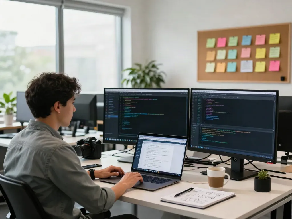 Developer utilizing instant indexing tools in a modern tech workspace.