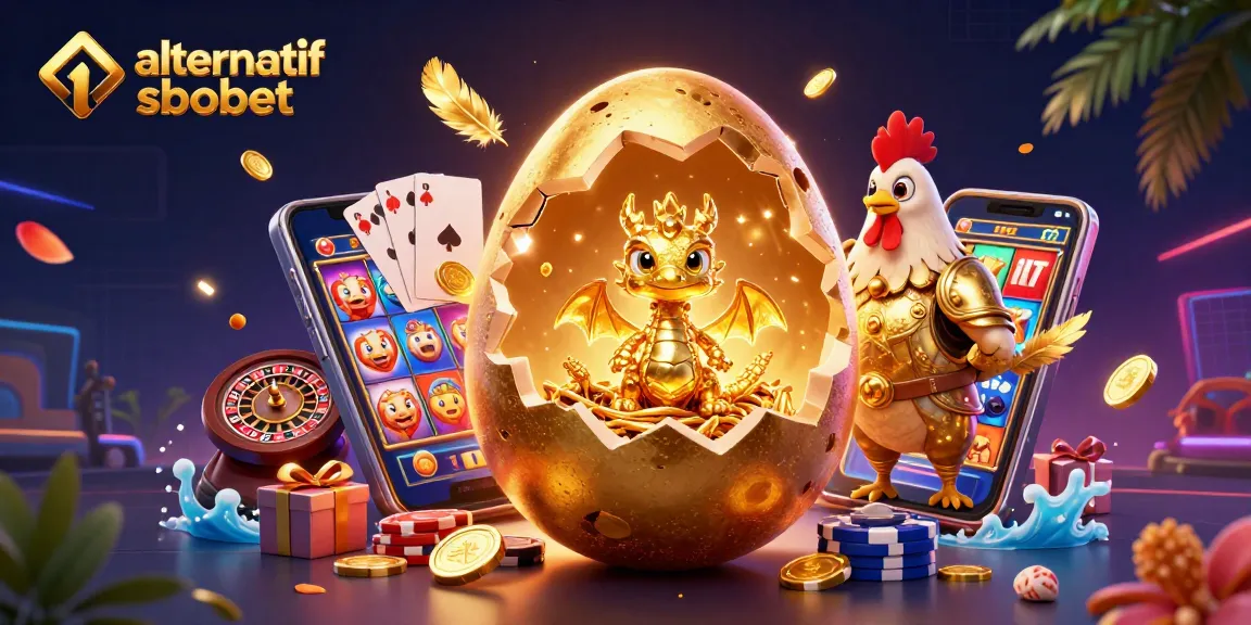 Experience an exciting alternatif sbobet gaming illustration with golden dragon and casino elements.