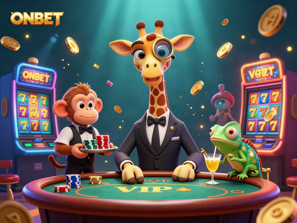 Experience the excitement of ONBET with a vibrant casino scene featuring a high-roller giraffe and friends.