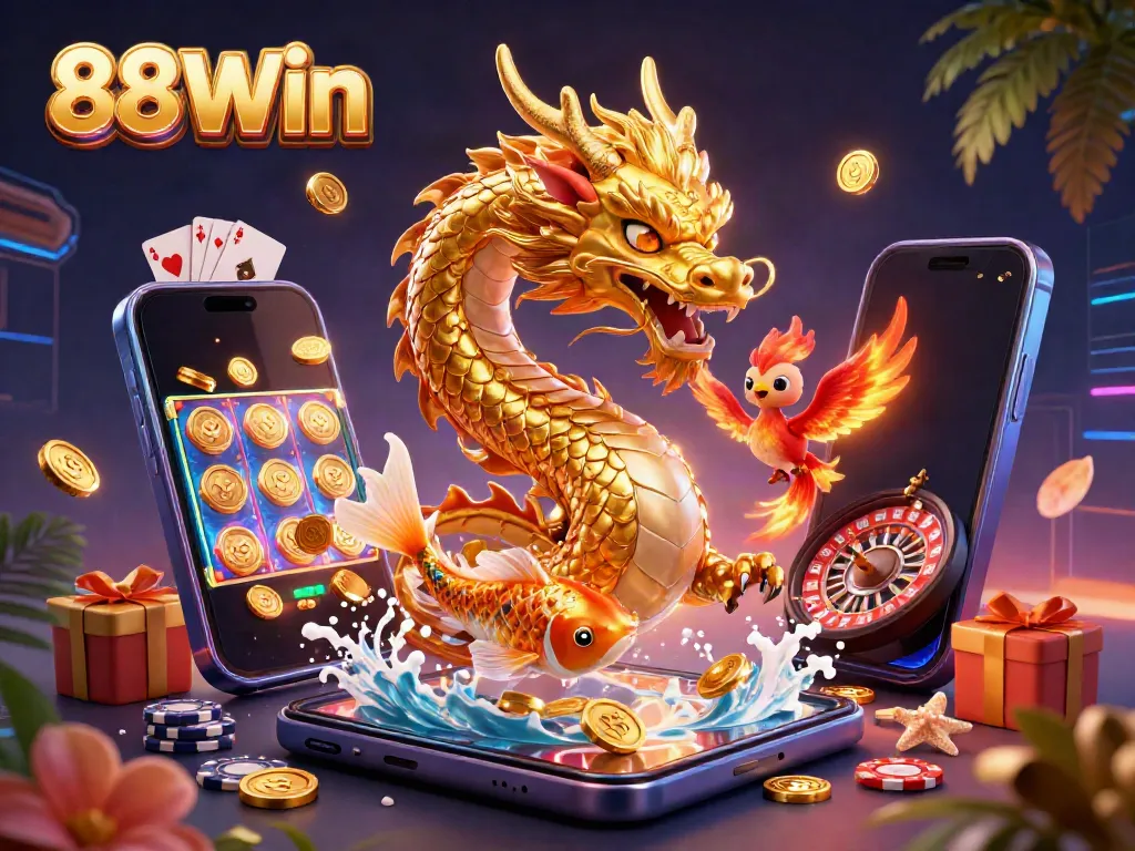 Experience thrilling gaming moments with 88Win's vibrant casino art featuring a golden dragon, phoenix, and koi fish.