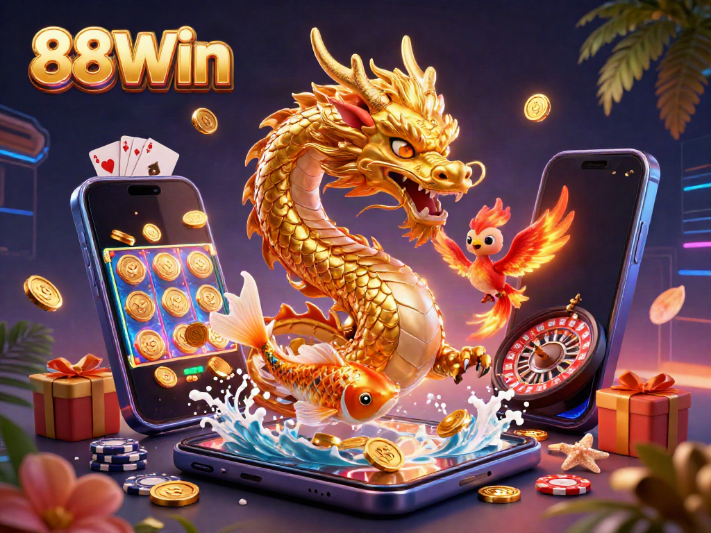 Experience thrilling gaming moments with 88Win's vibrant casino art featuring a golden dragon, phoenix, and koi fish.