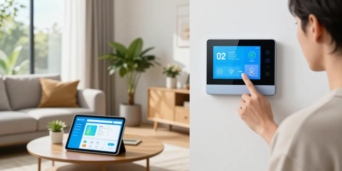Homeowner adjusting a smart thermostat in a stylish living room to enhance energy efficiency.