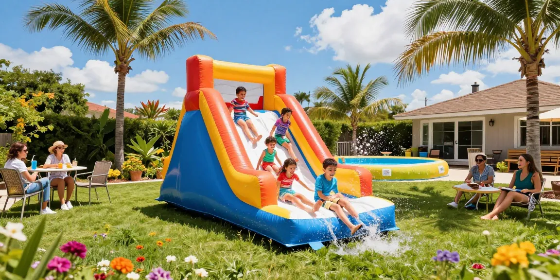 Children enjoying a fun-filled slip and slide in a vibrant backyard, with laughter and splashes in the sunshine.