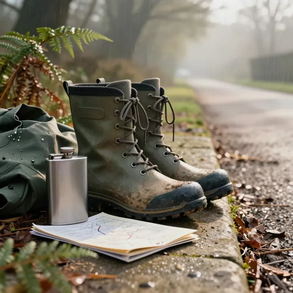 Mud-speckled walking boots and route kit on a wet sandstone path after drizzle