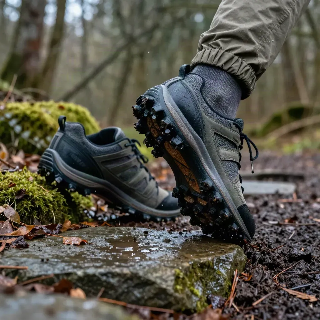 Trail shoes splashing through a wet woodland path beside a slick stepping stone and leaf litter.