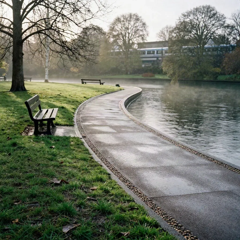 A wet London park loop curves beside a lake, benches, trees, and a faint train line beyond.