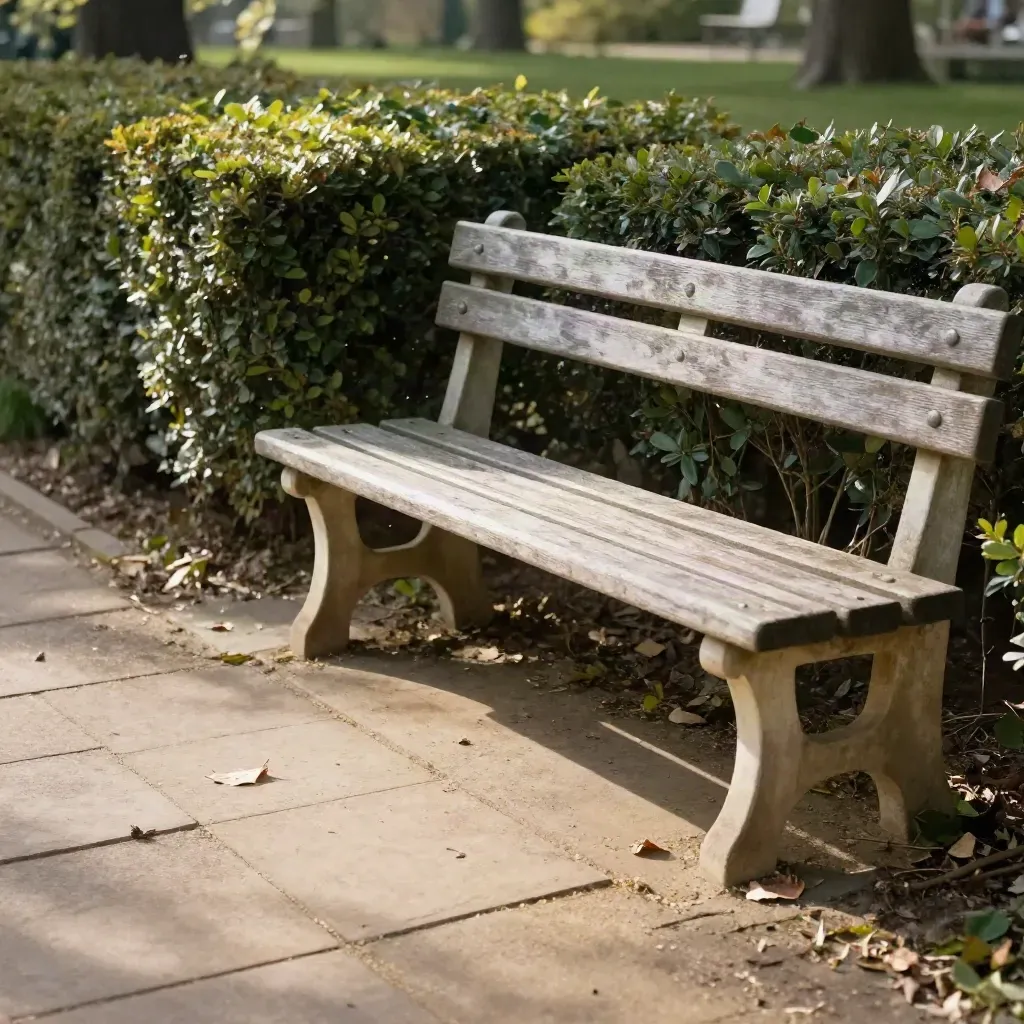 Tiny park loop entrance with bench, clipped hedge and sunlit path in a warm breeze.
