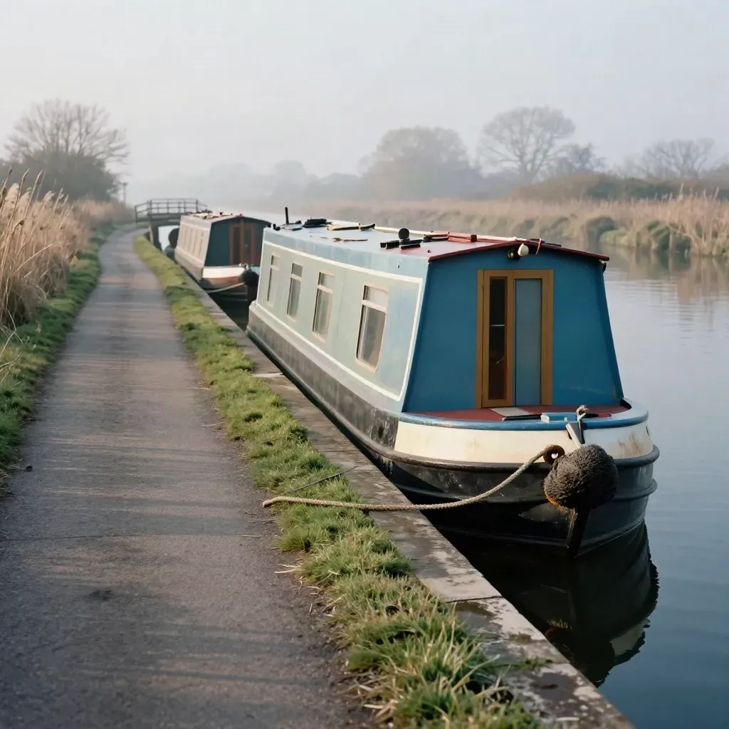 Mist on a canal towpath beside moored narrowboats and a distant footbridge.