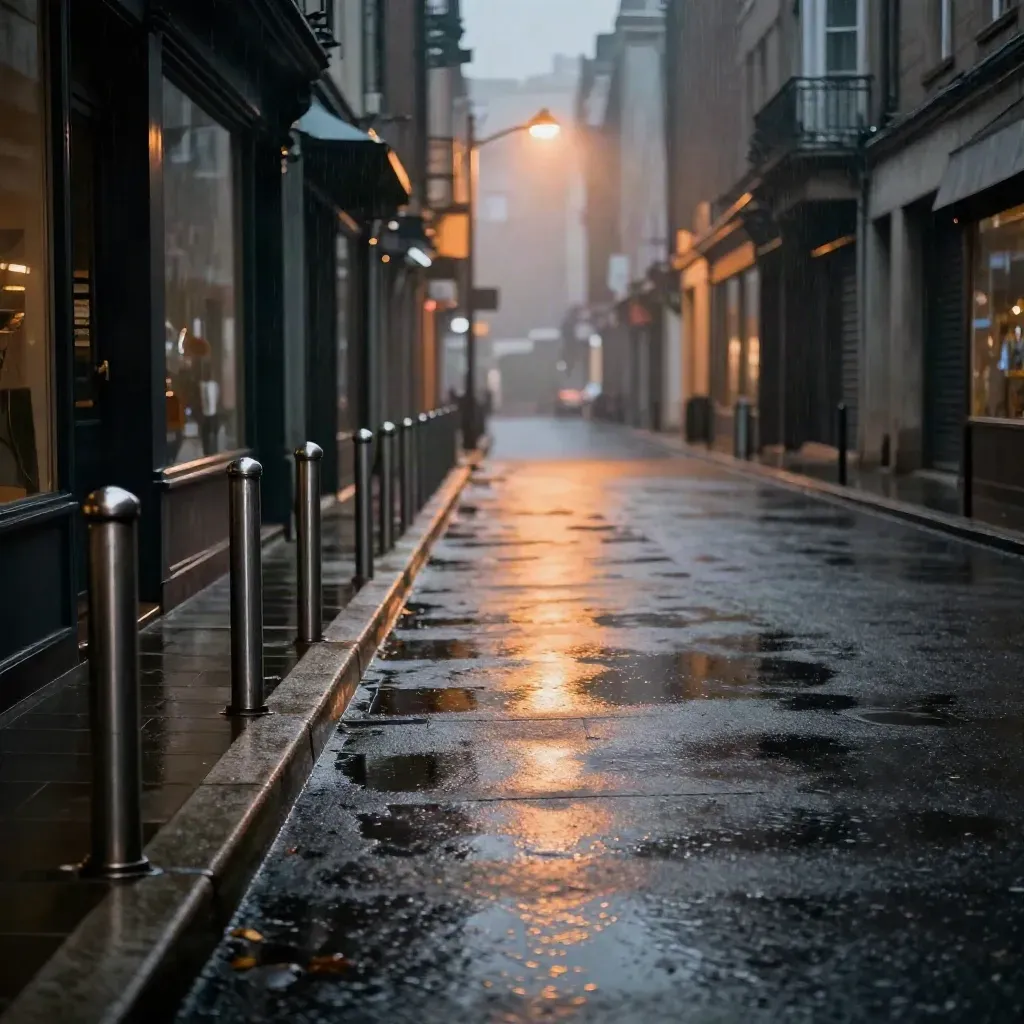 Wet autumn city footpath under amber streetlights with reflective bollards and dark shopfronts.