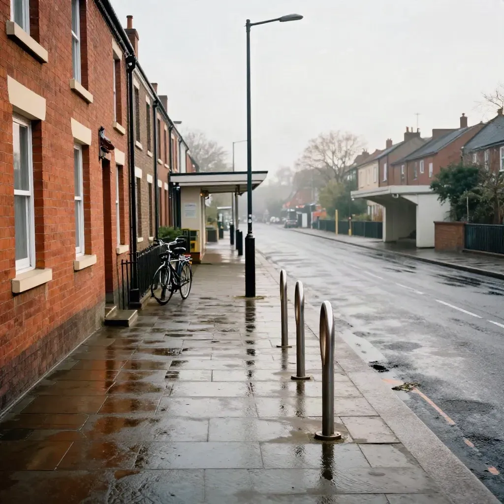 Wet terrace street to a station underpass with cycle racks and a distant platform canopy.