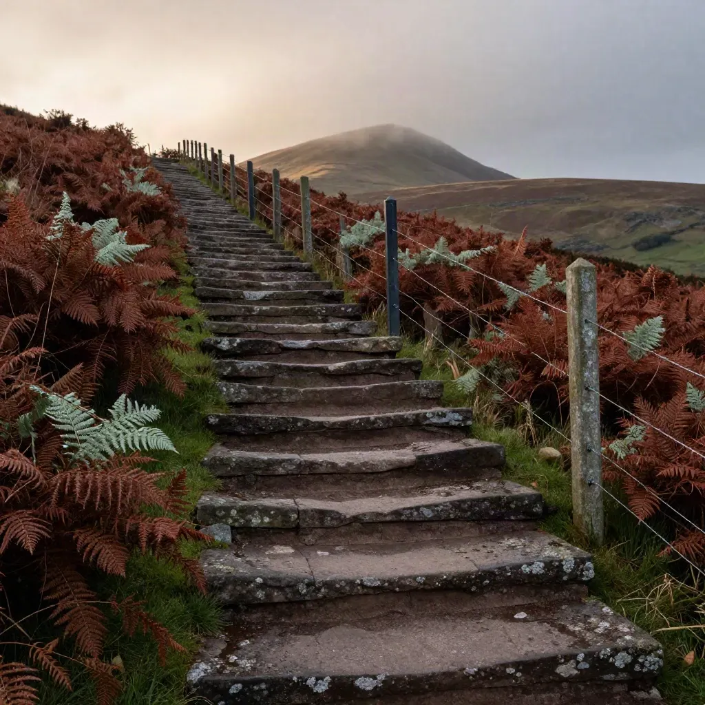 Stone steps climbing a bracken hillside beside a sheep fence toward layered uplands