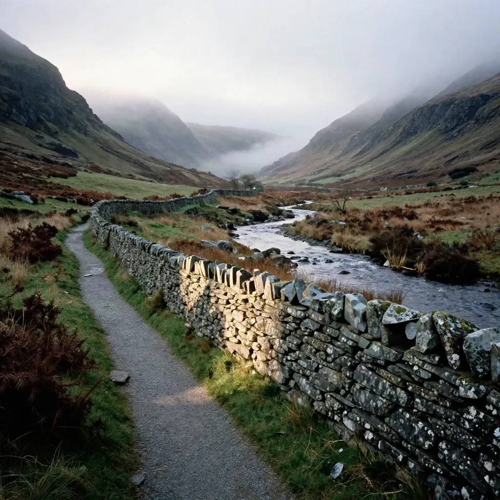 Snowdonia valley walk with stone wall, river glint, mist and dawn-lit slopes