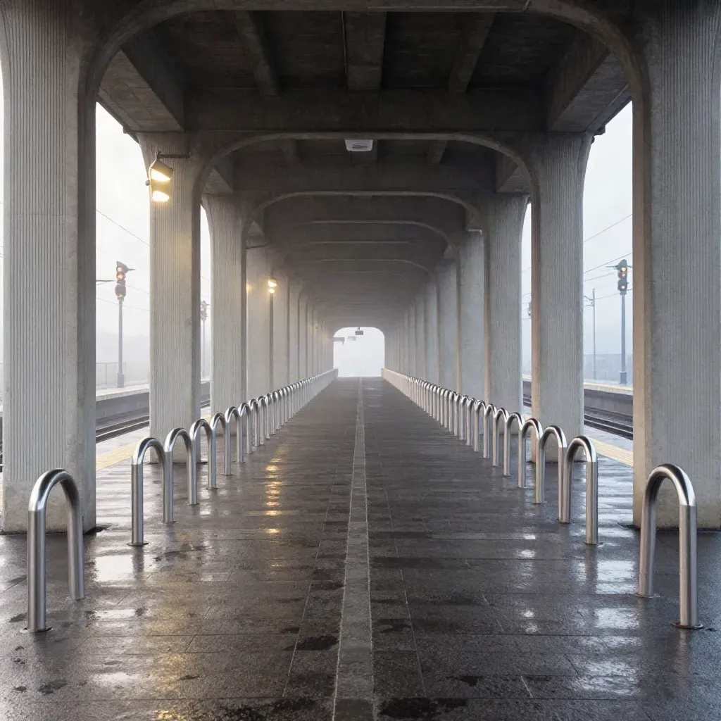 Wet commuter path under a rail bridge at dawn, bike racks and station lights fading into haze.