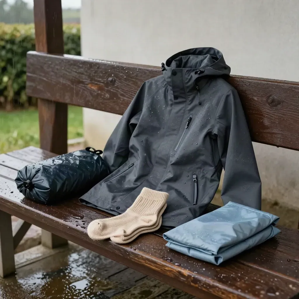Waterproof jacket, dry bag, socks and pack cover on a rain-dark bench after a shower.
