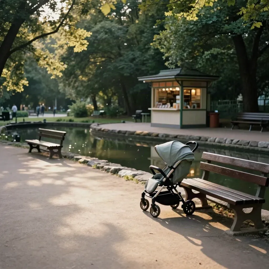 Empty park loop with smooth paving, benches, pond edge and a glowing snack kiosk at golden hour.