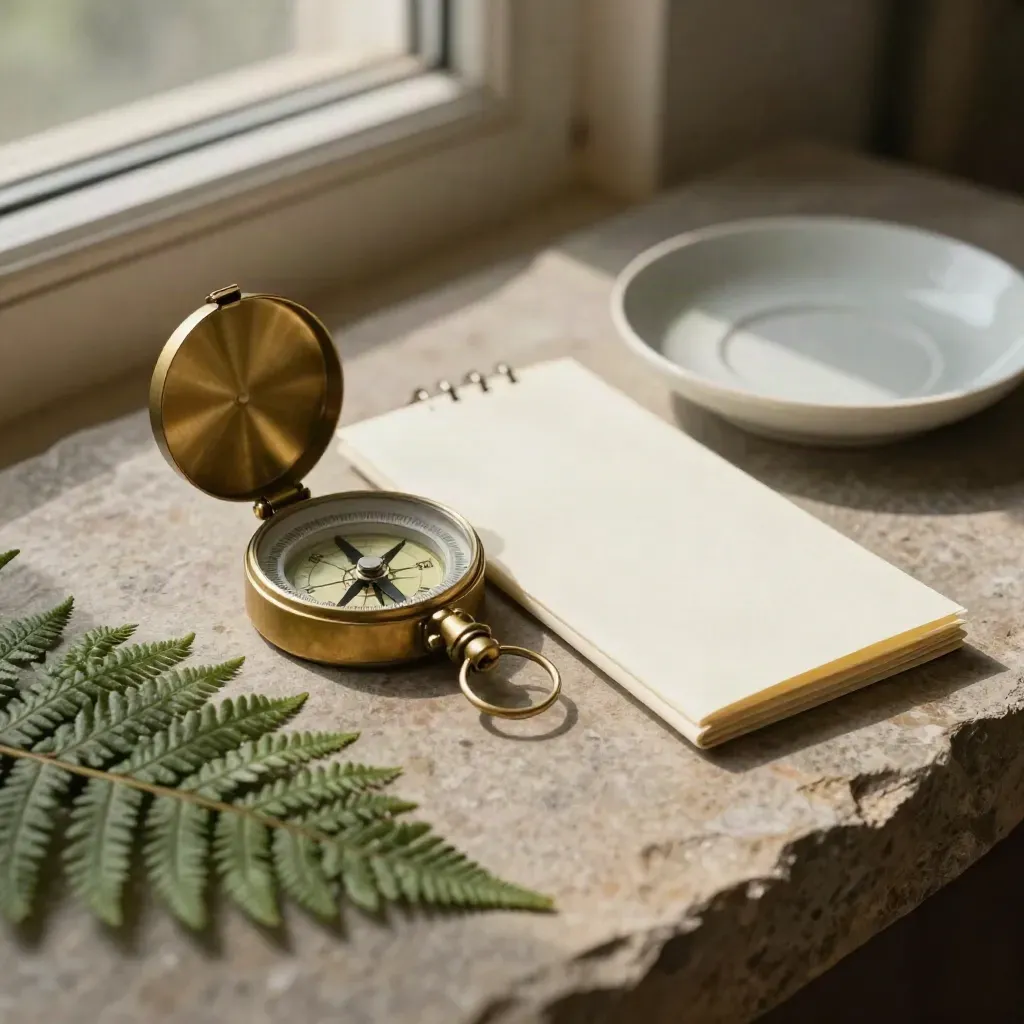 Brass compass, route sleeve, fern sprig and ceramic dish on warm stone, softly lit.