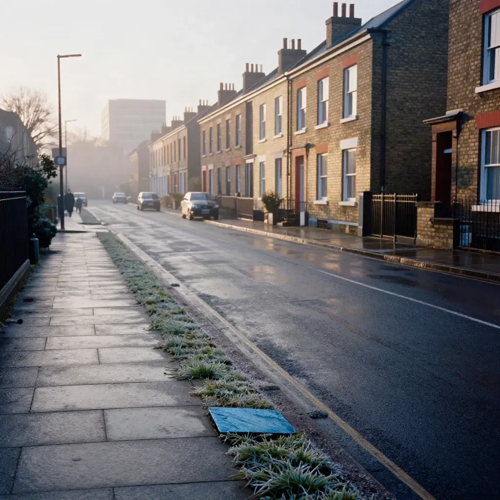 Pre-dawn street with terrace houses, wet pavement, grass verge and misty dawn light.