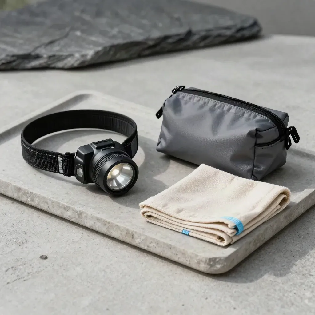 Walking safety kit on a stone tray with headtorch, ankle band, pouch and cloth