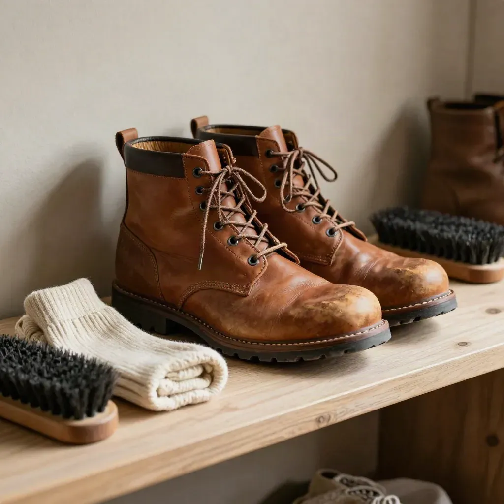 Walking boots, laces, wool socks, brush and cloth on a pale wood shelf.