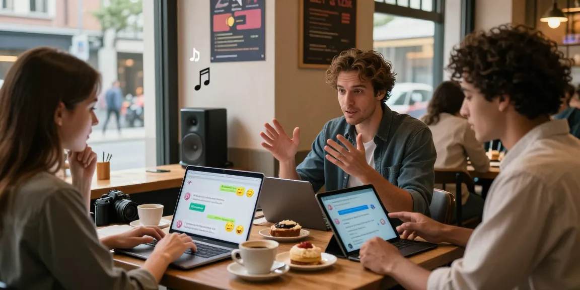 Diverse individuals engaged in ai sex chat at a cozy café, vibrant atmosphere and digital devices.