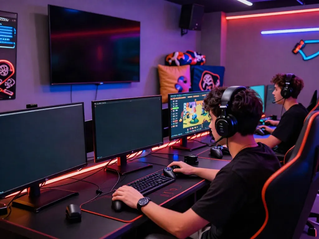 Dynamic gaming setup highlighting nhà cái gem88 with a gamer immersed in digital entertainment.