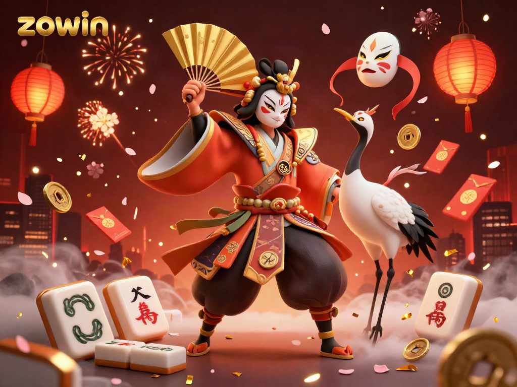 Zowin showcases exciting 3D casino action with vibrant kabuki characters and engaging game elements.