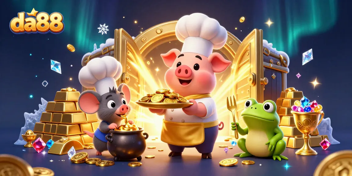 Engage with da88's vibrant casino scene featuring a chef pig, mouse, and frog critiquing golden treasures.