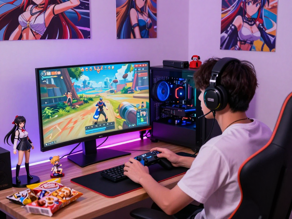 A player enjoying a hentai game on a gaming PC with vibrant displays and colorful anime décor in the background.