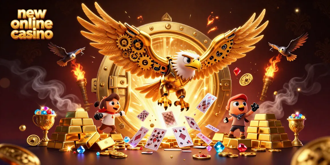 Experience the thrill of a new online casino with vibrant gold treasures and soaring eagles.