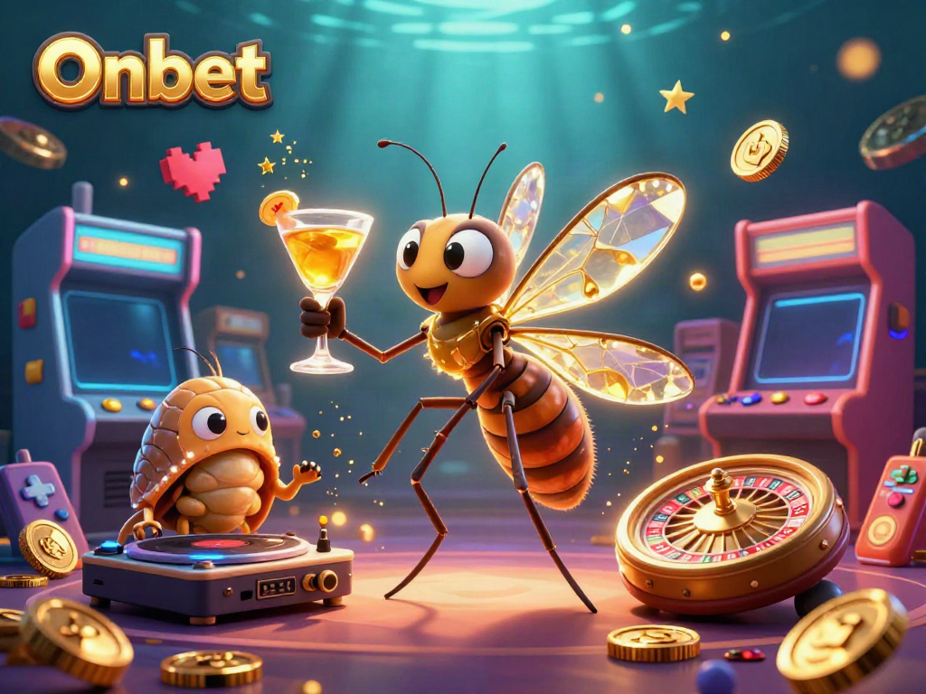 Experience Onbet's vibrant casino world with a dynamic 3D illustration featuring a unique mascot and gaming elements.