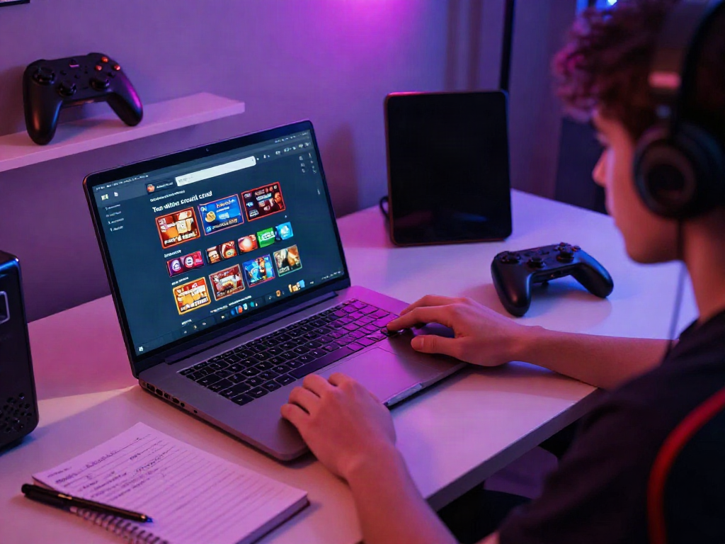 Engaging scene of a user exploring online credit card casinos with a high-end laptop and vibrant gaming setup.
