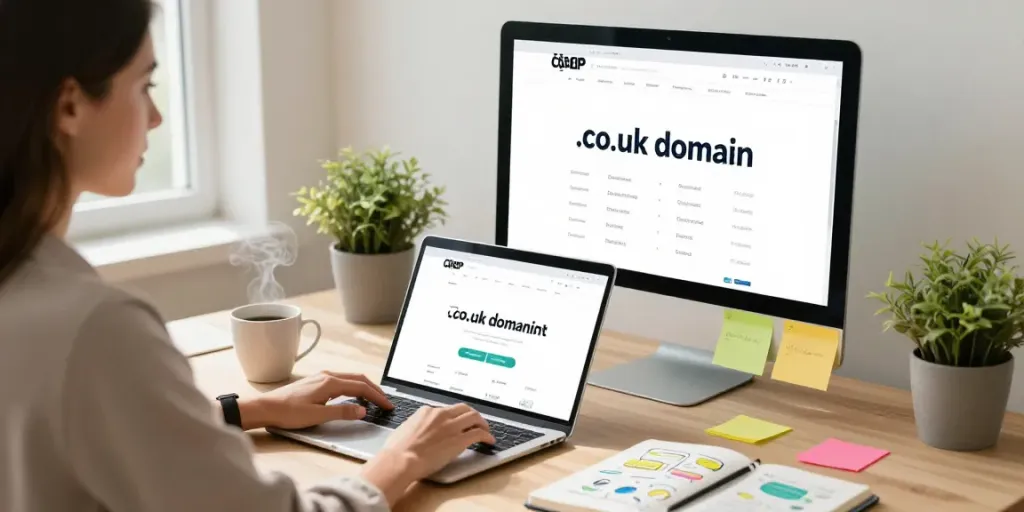 Searching for cheap .co.uk domain names in a bright workspace with coffee and notes.