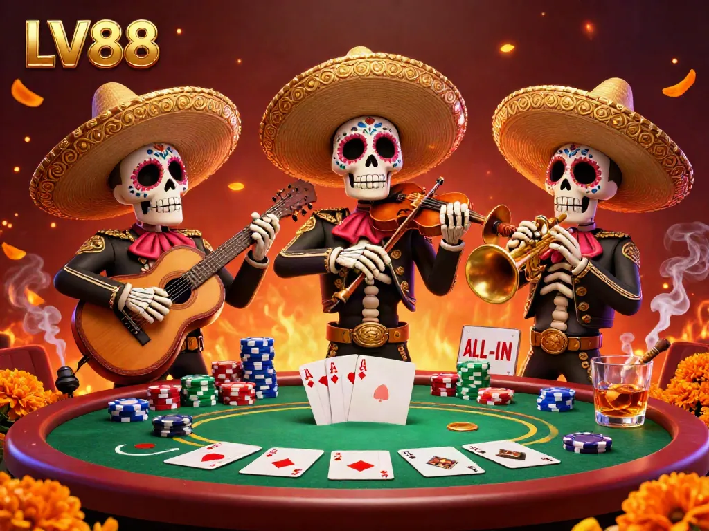 Experience the excitement of LV88 with a lively mariachi band and poker elements in a vibrant casino scene.