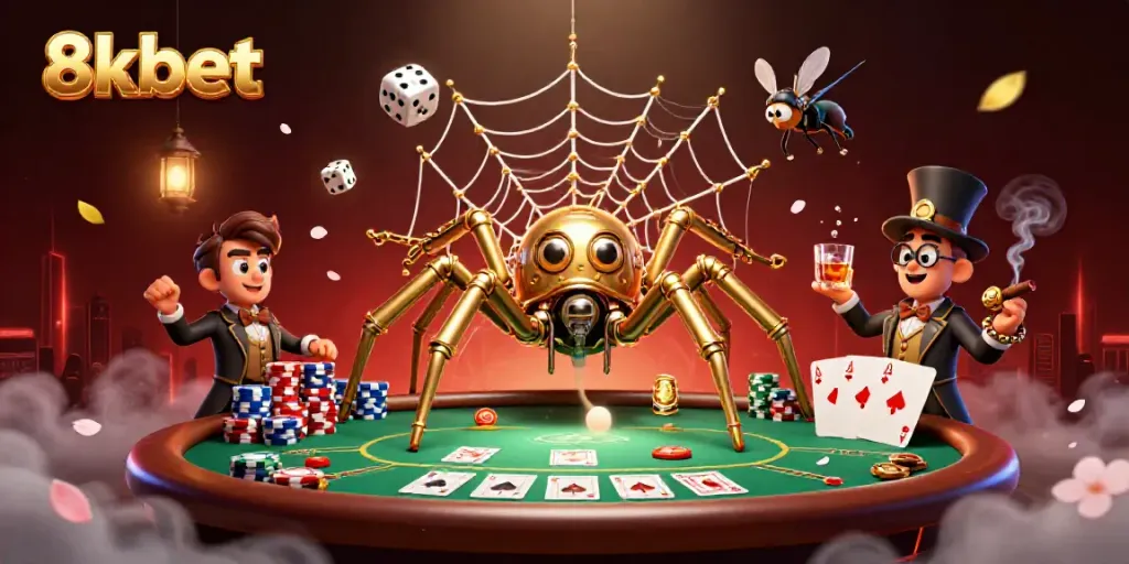 Experience thrilling stakes at 8xbet with a dynamic poker scene featuring a vibrant golden spider and whimsical characters.