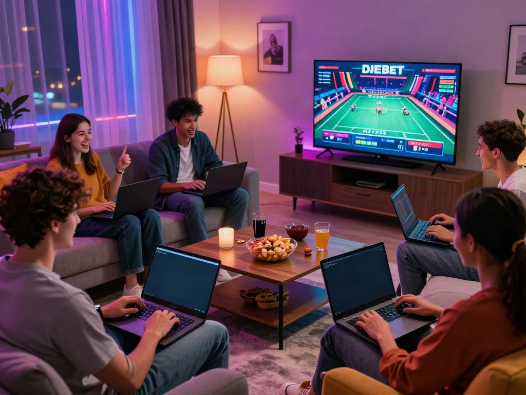 Group enjoying online gaming on DEBET in a lively living room setting with laptops and snacks.
