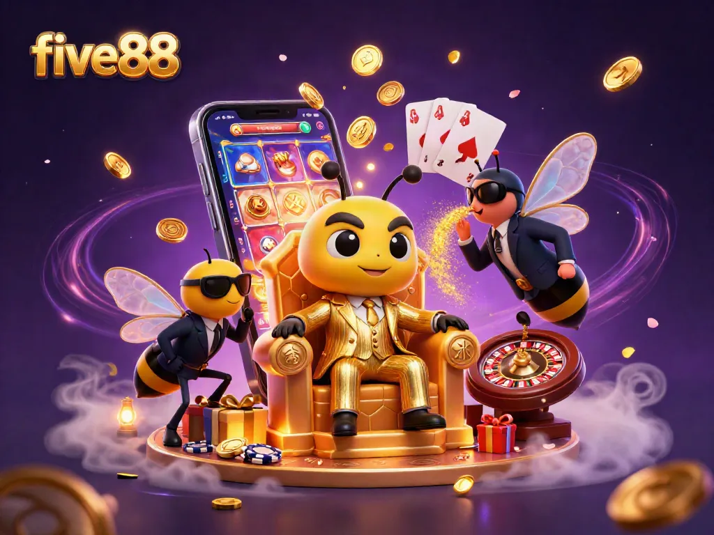 Experience fortune at five88 with a vibrant 3D casino scene featuring animated slot games.