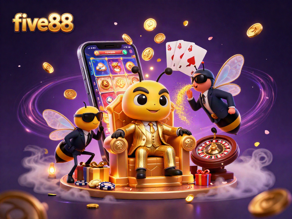 Experience fortune at five88 with a vibrant 3D casino scene featuring animated slot games.